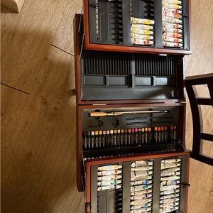 Wooden Art Supply Storage Box with Paints